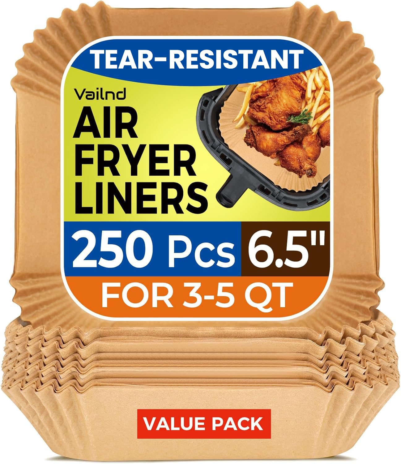 Air Fryer Paper Liners, 125Pcs Parchment Paper, Air Fryer Liners Disposable for Microwave, Non-Stick Air Fryer Liner Square Free of Bleach (8IN)