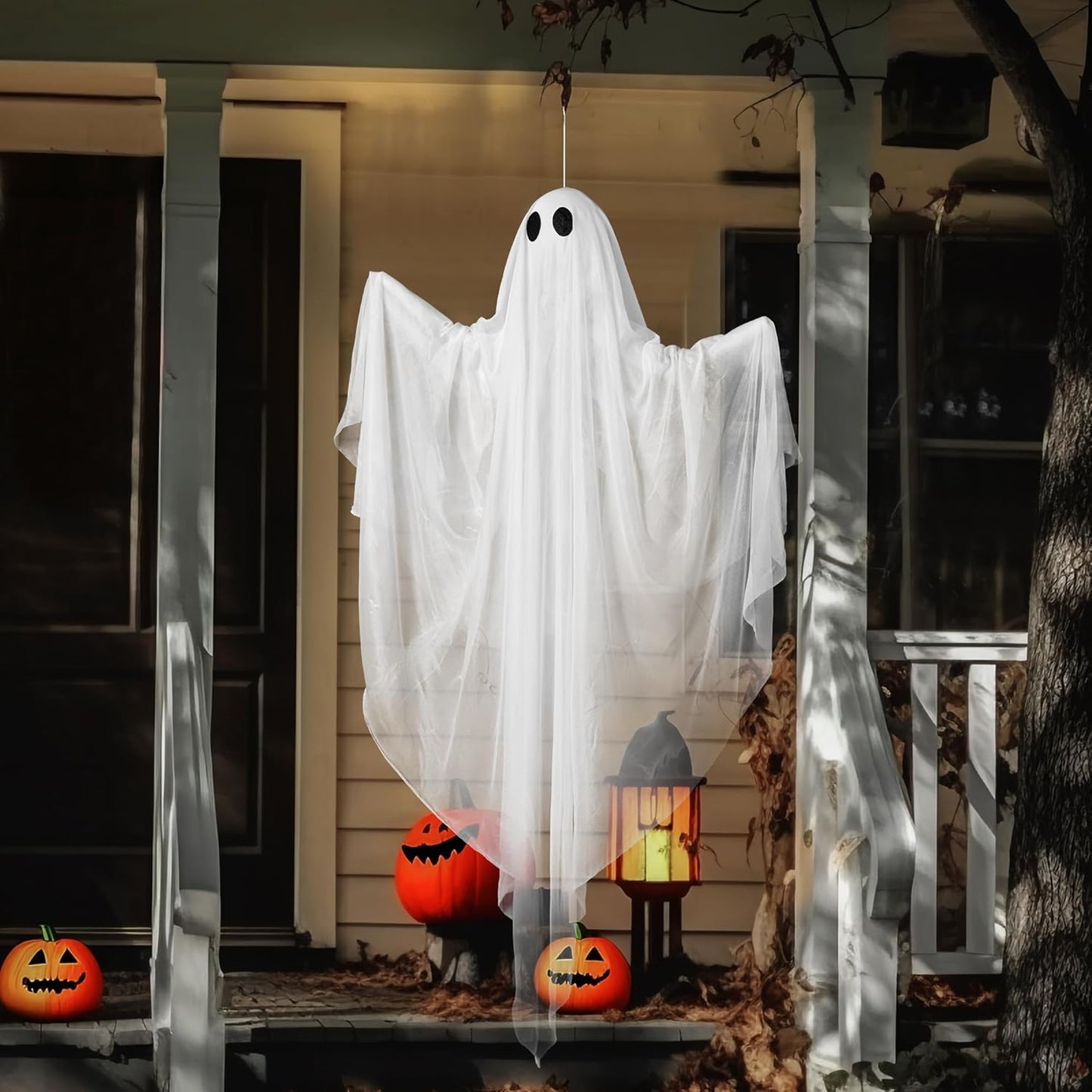 JOYIN Halloween Hanging Light up Ghost with Spooky Warm White LED Light, 47” Halloween Hanging Decoration White Ghosts for Front Yard Patio Lawn Garden Party Decor Indoor Outdoor
