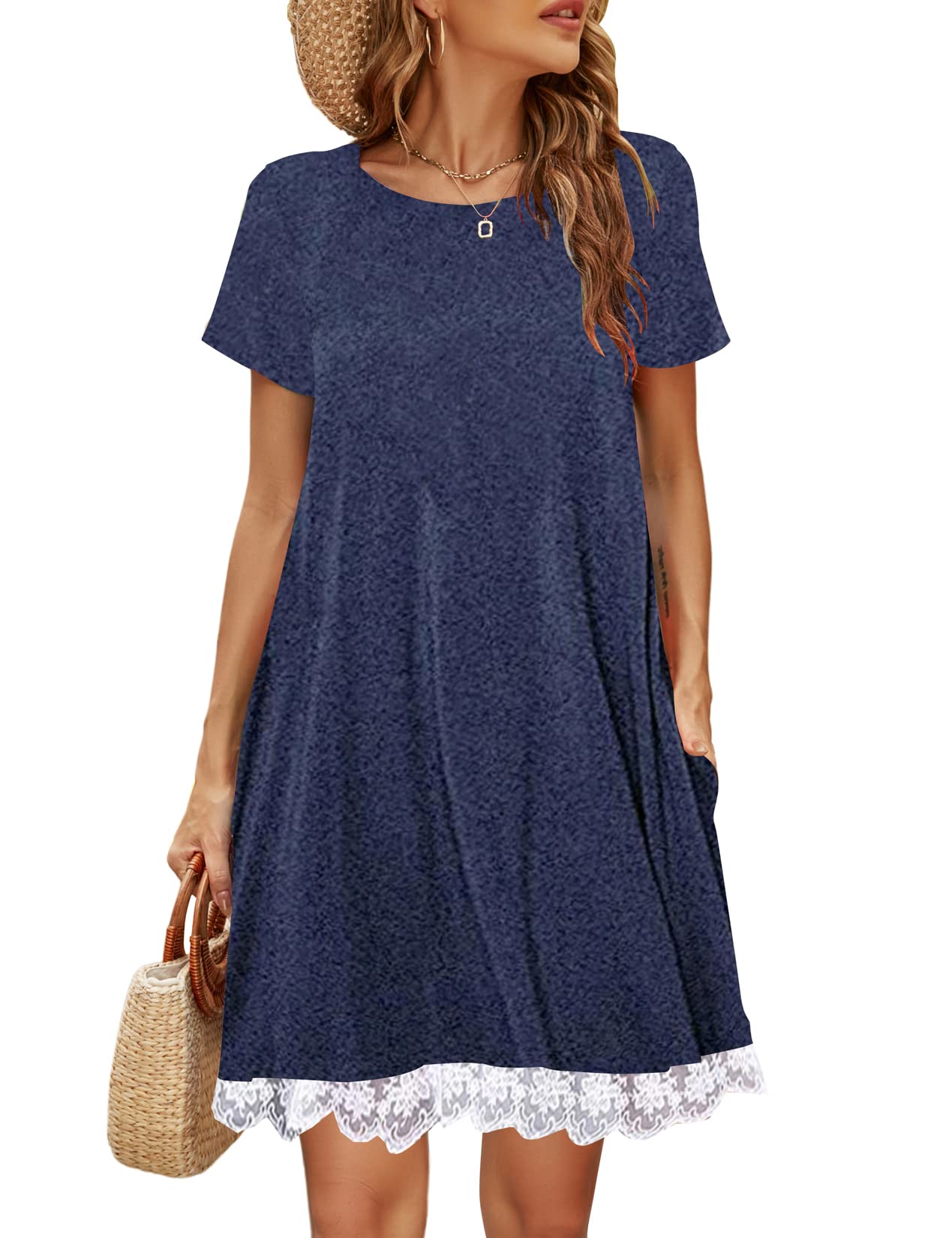 Halife Womens Summer Casual Tshirt Dress Loose Lace Hem Short Sleeve Beach Sundresses with Pockets