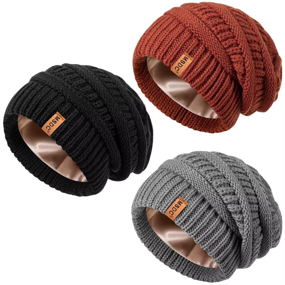3 Pack Satin Lined Beanie for Women, Warm Slouchy Winter Hats with Silk Lined, Fashionable Oversized Cable Knit Hat Skull Cap