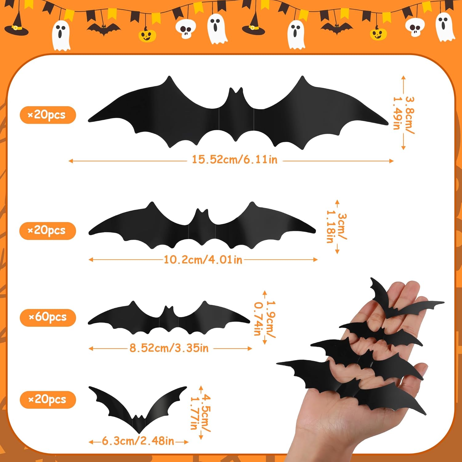 tgosomt Bats Wall Decor,120 Pcs 3D Bat Halloween Decoration Stickers, Waterproof Black 4 Size Bats for Hoom and Room Décor
