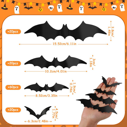 tgosomt Bats Wall Decor,120 Pcs 3D Bat Halloween Decoration Stickers, Waterproof Black 4 Size Bats for Hoom and Room Décor