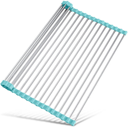 Tomorotec 17.7" x 15.5" Roll Up Dish Drying Rack Over Sink Drying Rack Sink Cover Kitchen Sink Accessories Gadget Multipurpose Organizer Foldable Stainless Steel Drainer (Grey)