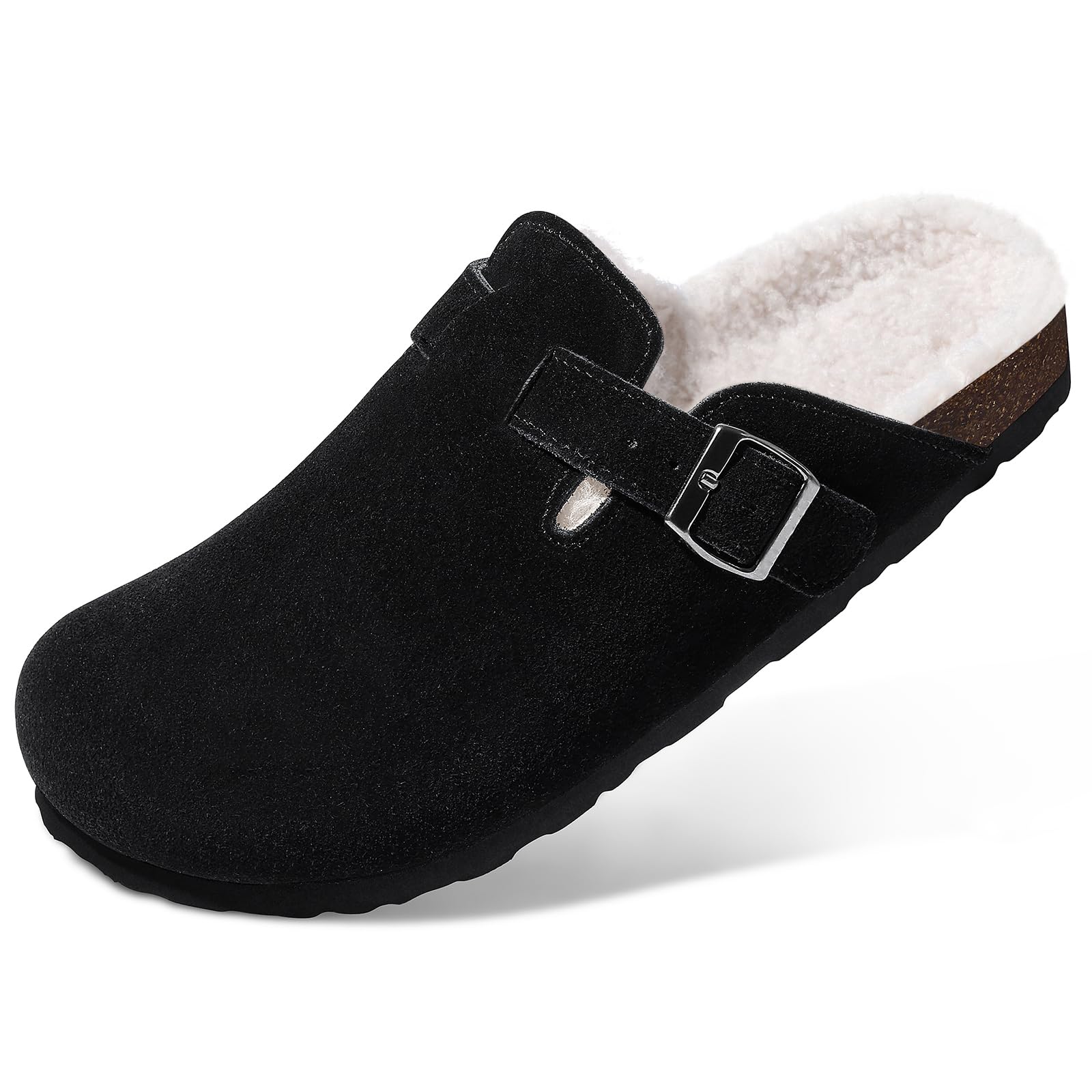 KIDMI Women's Fur Lined Suede Clogs Fuzzy Cork Footbed Mules Slip On Winter Potato Shoes