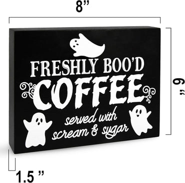 Gift Boutique Halloween Coffee Sign – Freshly Boo’d Coffee Served with Scream and Sugar Black Wooden Tabletop Plaque for Kitchen, Cafe, Party Decor