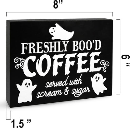 Gift Boutique Halloween Coffee Sign – Freshly Boo’d Coffee Served with Scream and Sugar Black Wooden Tabletop Plaque for Kitchen, Cafe, Party Decor