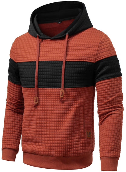Men’s Sweatshirts Long Sleeve Pullover Patchwork Plaid Jacquard Hoodie Casual Drawstring Hoody Top