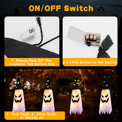 Halloween Decorations Glowing Ghost Witch Hat Halloween String Lights - Indoor/Outdoor Hanging Decor for Home, Garden & Tree (4Pcs)