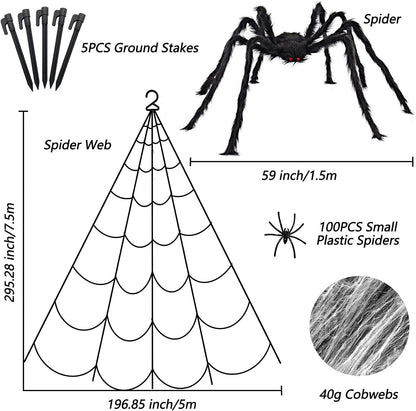 Halloween Decorations - 295" Halloween Spider Web Decorations Outdoor + 59" Giant Fake Spider with Triangular Huge Spiders Web - Scary Decor Clearance for Yard, Patio, Garden, Haunted House Décor