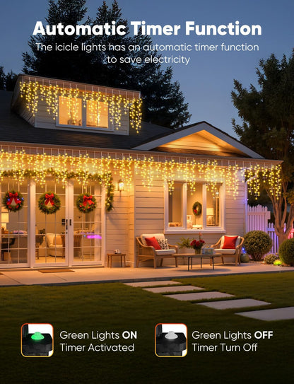Brightown Icicle Christmas Lights Outdoor, 33FT 1020 LED Cluster Icicle Lights with 51 Drop,12 Mode, Connectable Firecracker Light with Timer, Waterproof Christmas Light Outdoor, Warm White
