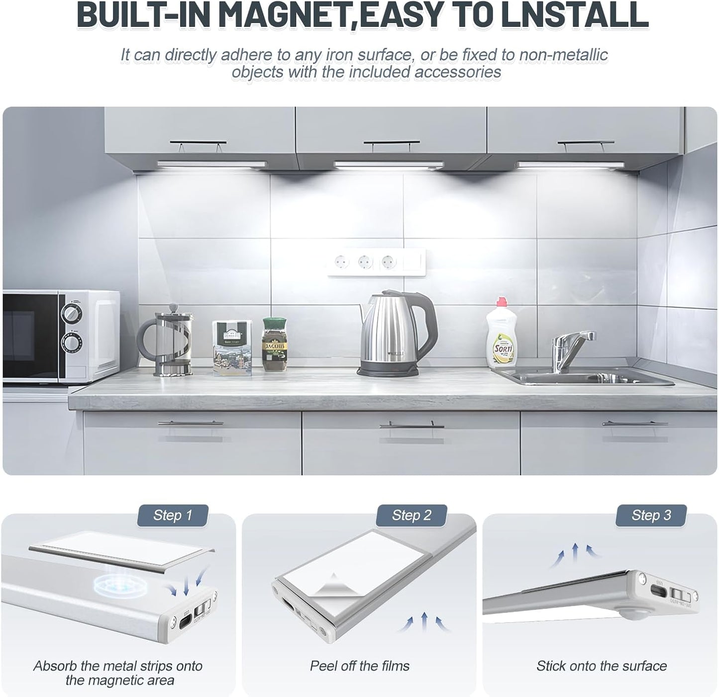 6 Pack Under Cabinet Lights Wireless, 32 LED Motion Sensor Light Indoor Rechargeable Magnetic Closet Lights Battery Operated, Under Counter Lights for Kitchen, Wardrobe, Hallway, Stairs