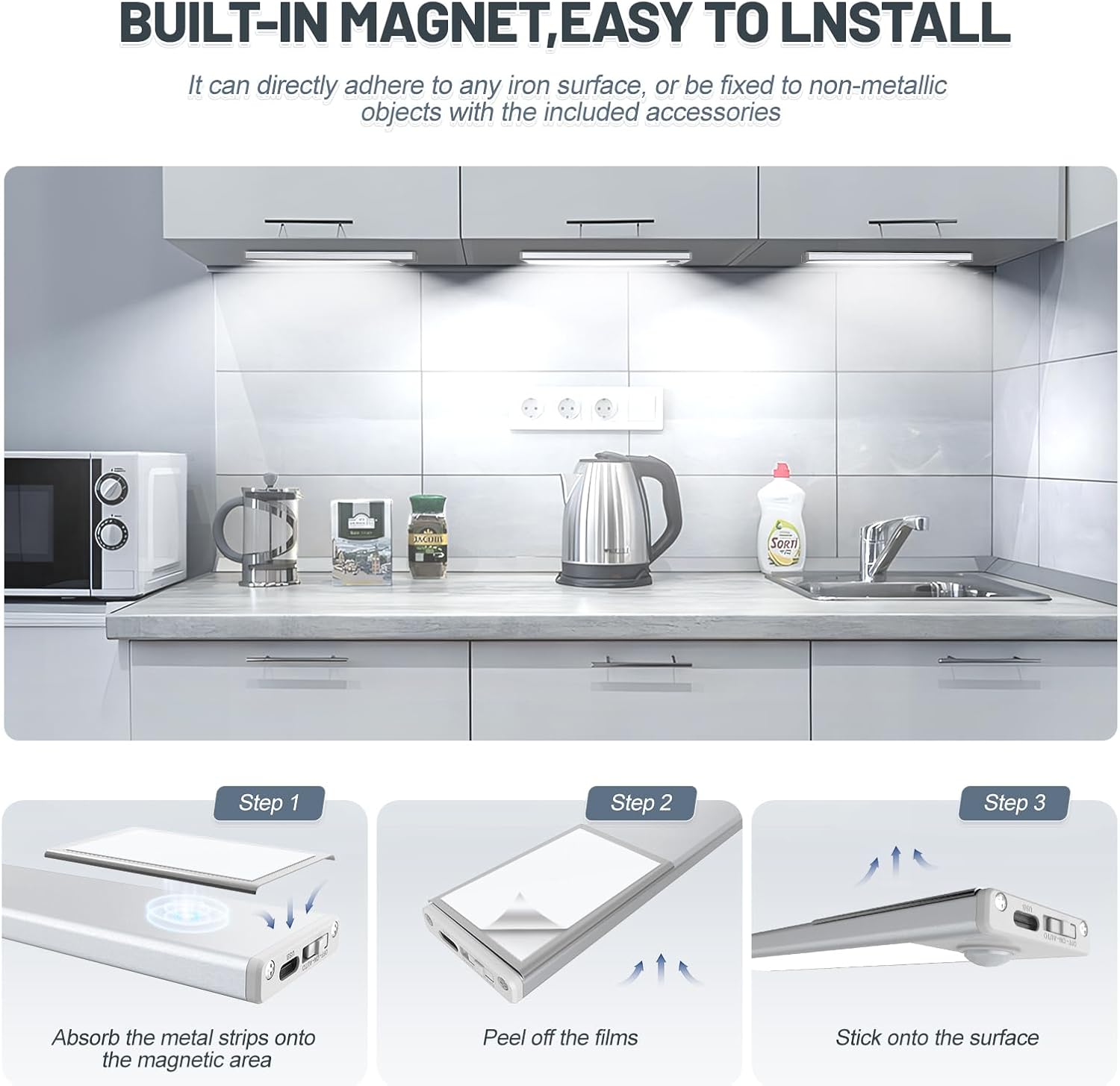 6 Pack Under Cabinet Lights Wireless, 32 LED Motion Sensor Light Indoor Rechargeable Magnetic Closet Lights Battery Operated, Under Counter Lights for Kitchen, Wardrobe, Hallway, Stairs