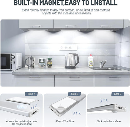 6 Pack Under Cabinet Lights Wireless, 32 LED Motion Sensor Light Indoor Rechargeable Magnetic Closet Lights Battery Operated, Under Counter Lights for Kitchen, Wardrobe, Hallway, Stairs