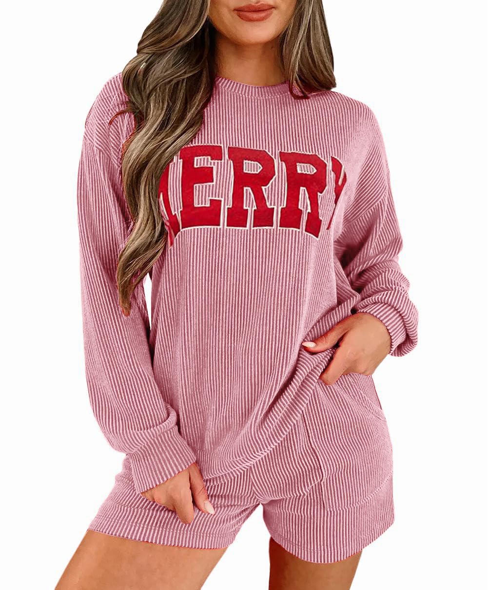 Womens Ribbed Pajama Sets Long Sleeve Top and Shorts Matching Lounge Set Loungewear Sweatsuit with Pockets