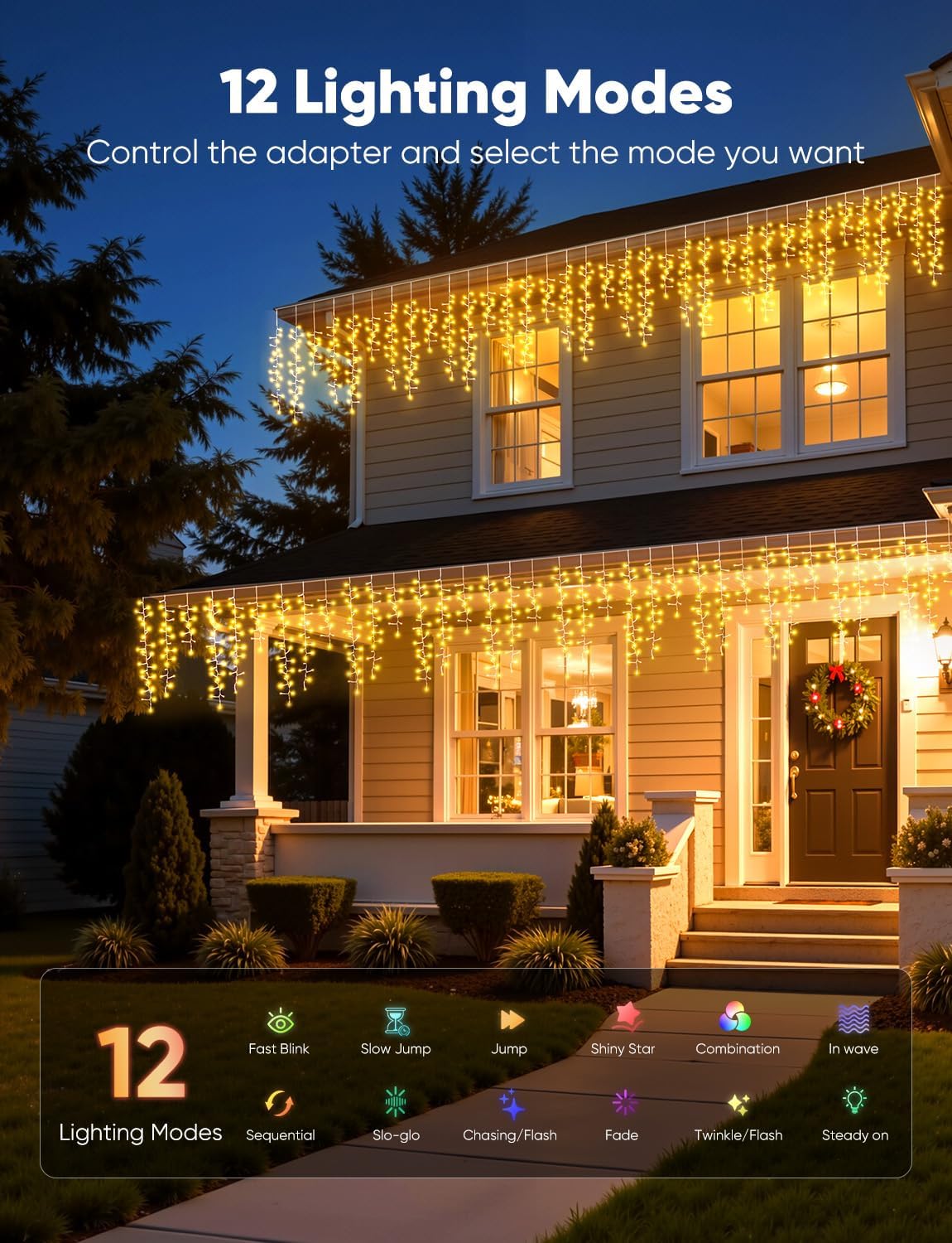 Brightown Icicle Christmas Lights Outdoor, 33FT 1020 LED Cluster Icicle Lights with 51 Drop,12 Mode, Connectable Firecracker Light with Timer, Waterproof Christmas Light Outdoor, Warm White