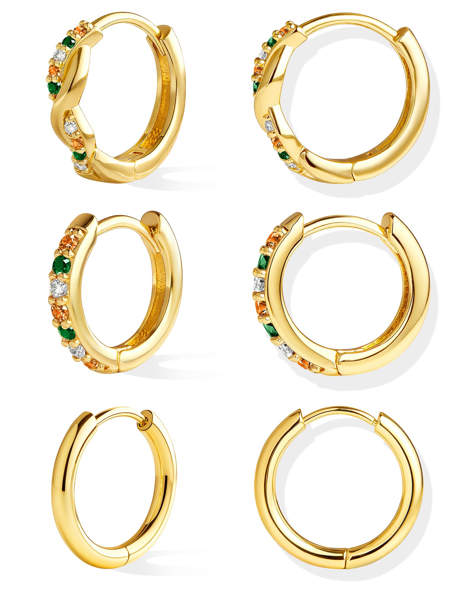 Inerney Gold Huggie Hoop Earrings Set for Women, Dainty Small Sterling Silver Earring Stacks Hypoallergenic Jewelry for Multiple Piercings, Trendy Twisted Cute Cartilage Hoops Birthstone Gift 3 Pairs