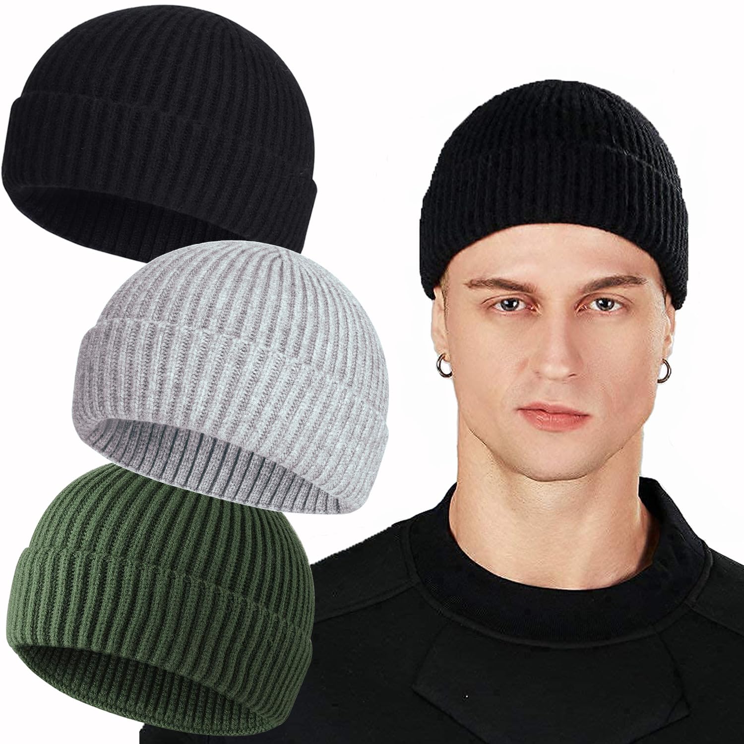 ROYBENS Swag Wool Knit Cuff Short Fisherman Beanie for Men Women, Winter Warm Hats