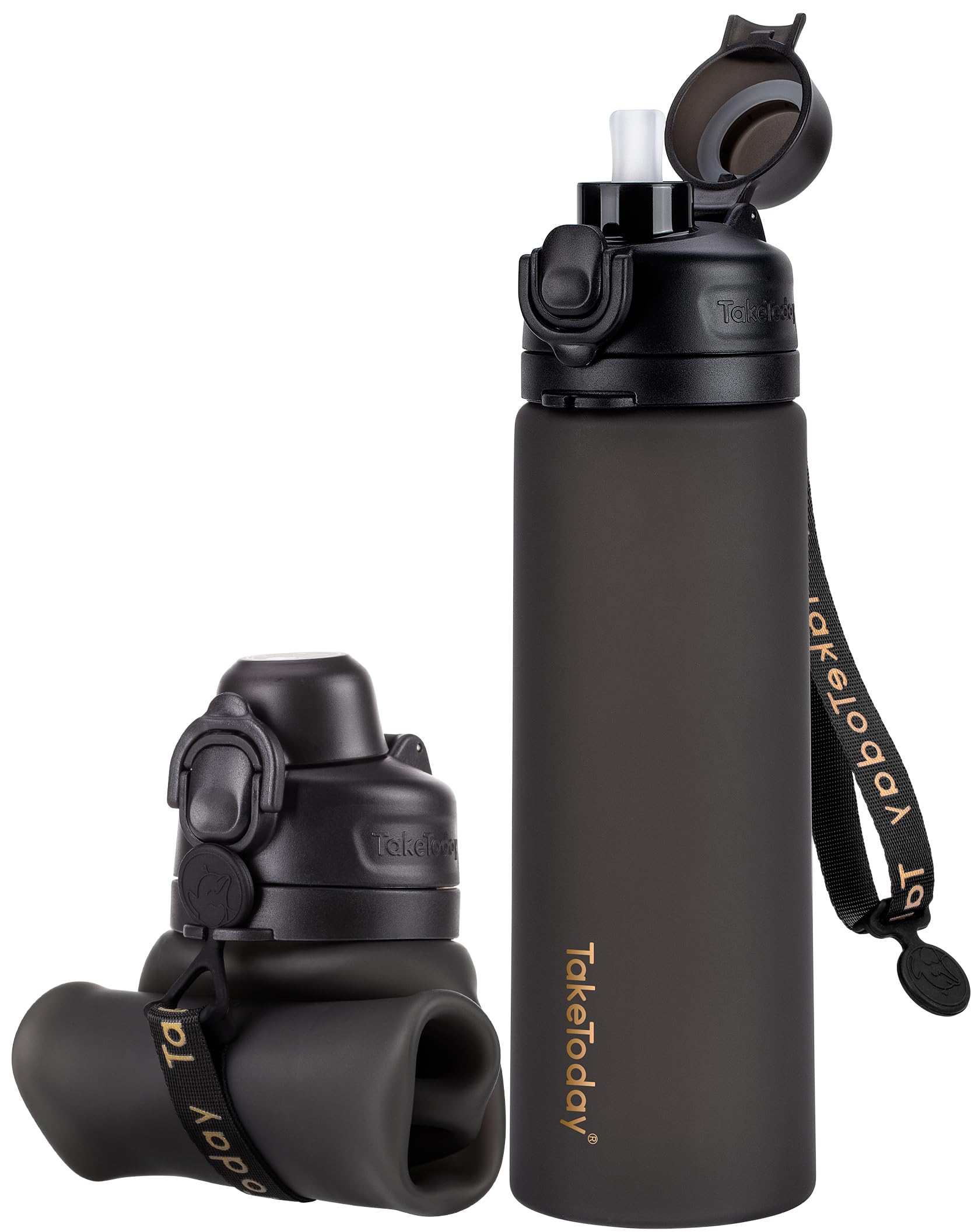 Collapsible Water Bottles 20oz, Leak Proof, BPA-Free, Foldable Silicone Travel Water Bottle with Straw Strap for Cycling, Hiking, Outdoors