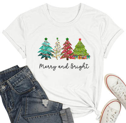 Believe Christmas Shirt for Women Christmas Tree Graphic T-Shirts Believe Letter Print Tees Holiday Tops