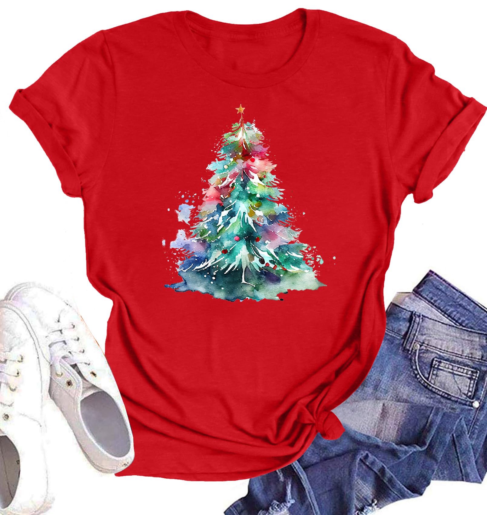 Believe Christmas Shirt for Women Christmas Tree Graphic T-Shirts Believe Letter Print Tees Holiday Tops