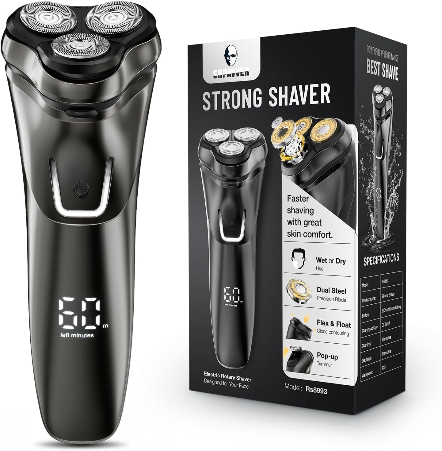 Electric Razor for Men Cordless: Wet/Dry Rotary Shaver Waterproof - USB Fast Charging & Sensitive Skin Care - Pop up Trimmer & Precision Blades Pro Black