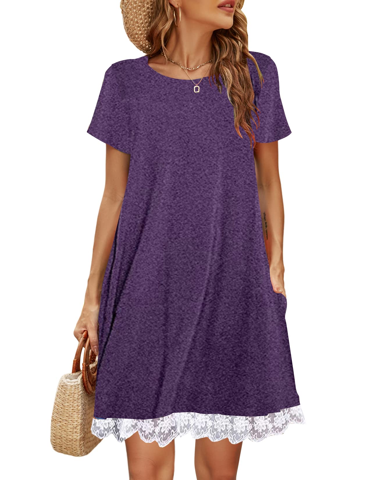 Halife Womens Summer Casual Tshirt Dress Loose Lace Hem Short Sleeve Beach Sundresses with Pockets