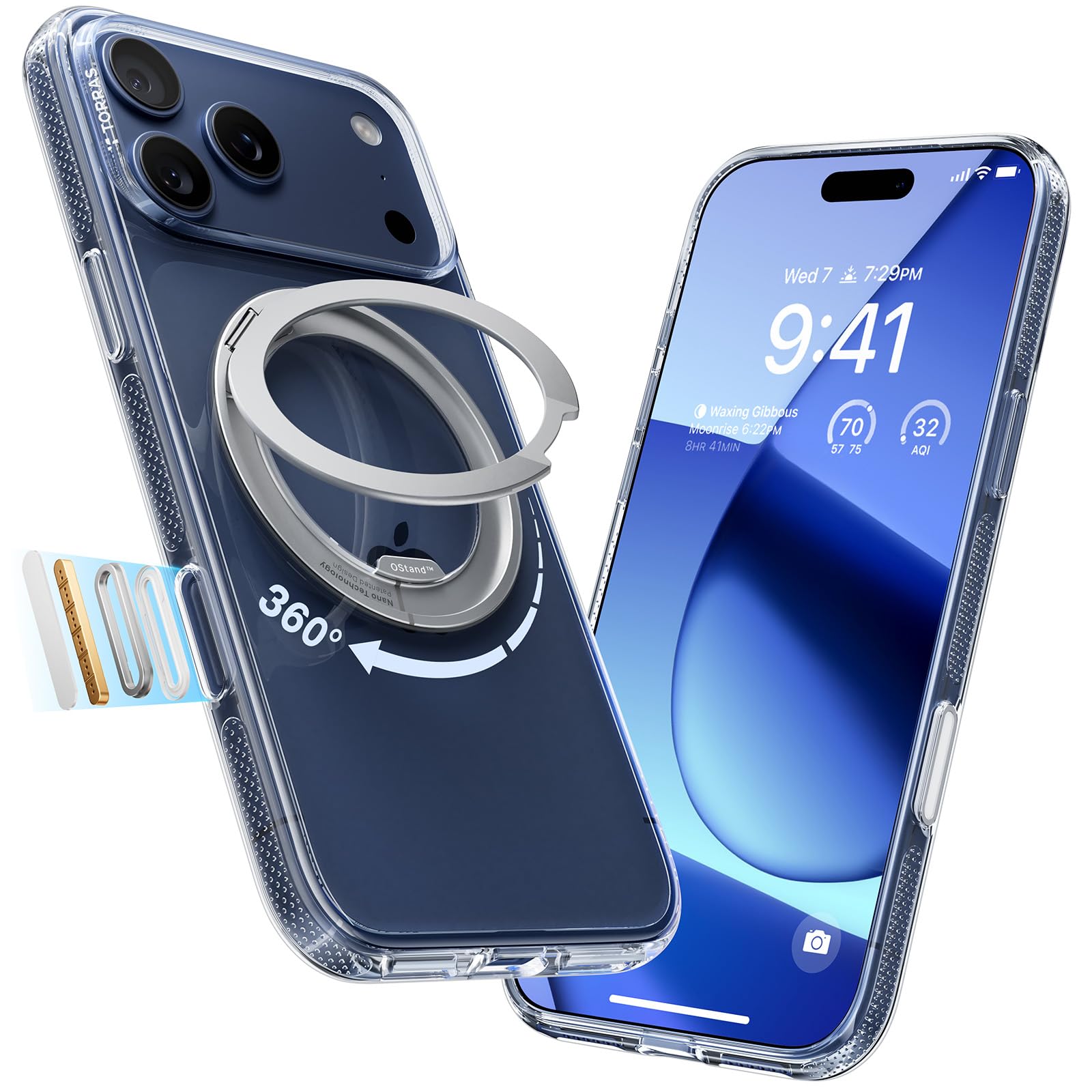 TORRAS 360 Magnetic Stand for iPhone 17 Pro Max Case, [Fit for MagSafe] [4X Military-Grade Protection] Slim Case for iPhone 17 Pro Max, 6.9", Translucent Deep Blue, Ostand O3 Fitness Series