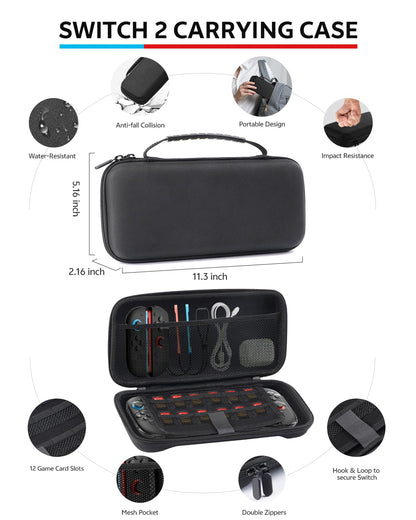 Switch 2 Pro Controllers Accessories Bundle for Nintendo 17-in-1: Carrying Case, Screen Protector, Thumb Grip for Joycon, Dockable Console Protective Cover Shell, Steering Wheel, 2025 Switch2 Game Kit
