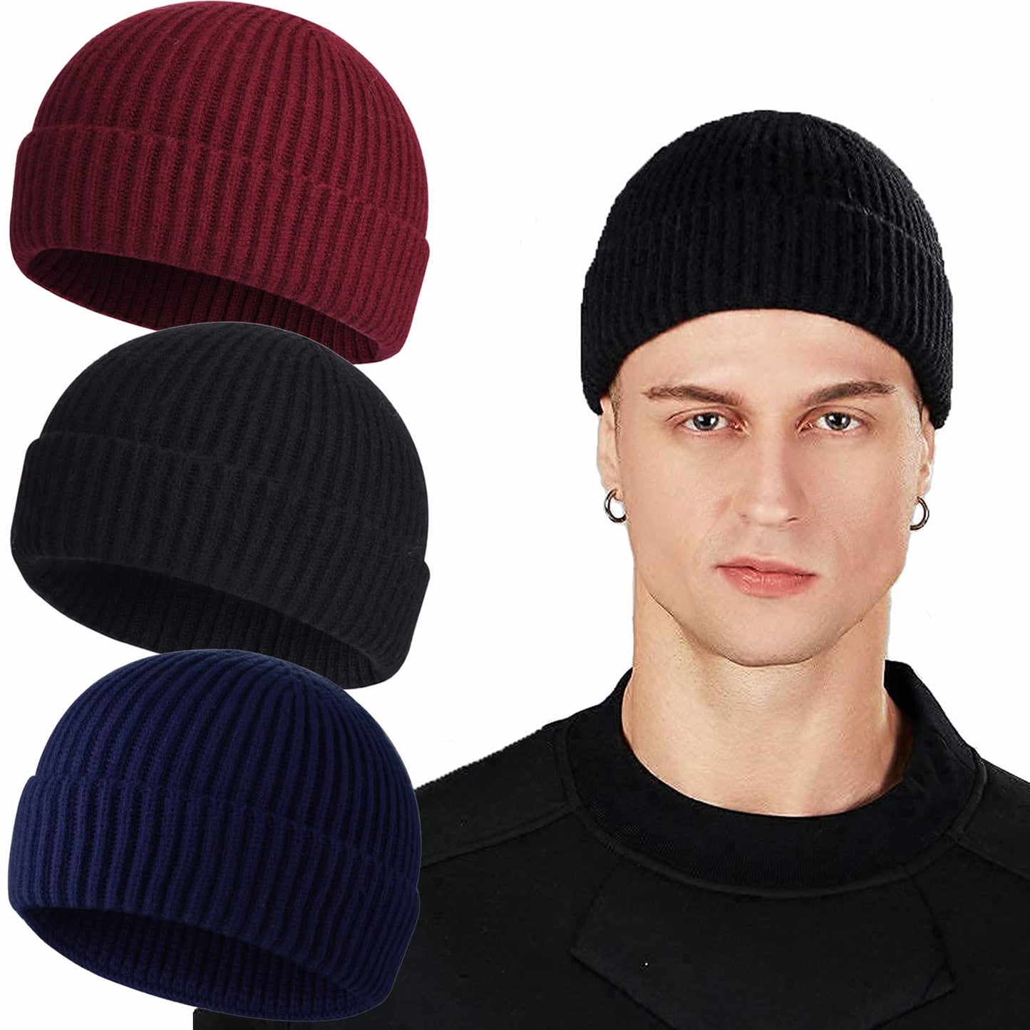 ROYBENS Swag Wool Knit Cuff Short Fisherman Beanie for Men Women, Winter Warm Hats