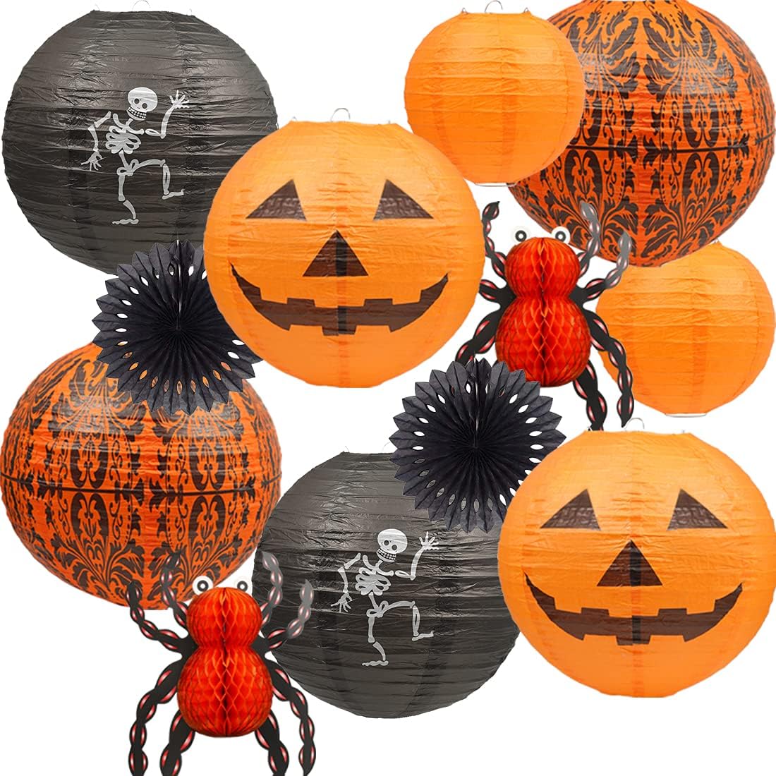 UNIQOOO 12Pcs Halloween Hanging Decorations Paper Lanterns, Jack-O'-Lantern Spider Skeleton Pumpkin for Indoor & Outdoor Spooky Home Decor, Party Supplies Props, 12" & 8" (Orange, Black)