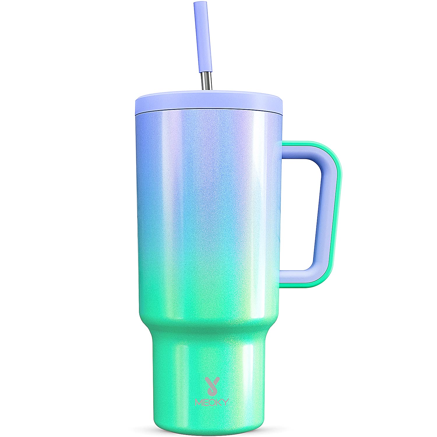 Meoky 40 oz Christmas Tumbler with Handle and Straw, Xmas Tumbler with Lid and Straw, Insulated Stainless Steel Travel Mug, Christmas Gifts for Women Men Adults (Jolly Reindeer)