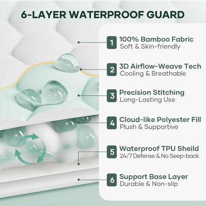 OhGeni 100% Waterproof Mattress Protector, Queen Size Mattress Pad, Fits 6"-20" Mattresses with Deep Pocket, Cooling, Breathable Fitted Sheets, Soft Bed Cover, Noiseless, Machine Washable