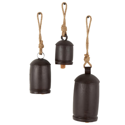 Deco 79 Gold Metal Tibetan Inspired Decorative Giant XL Cow Bells with Jute Hanging Rope, Set of 3 10",8",6"H - Cylindrical