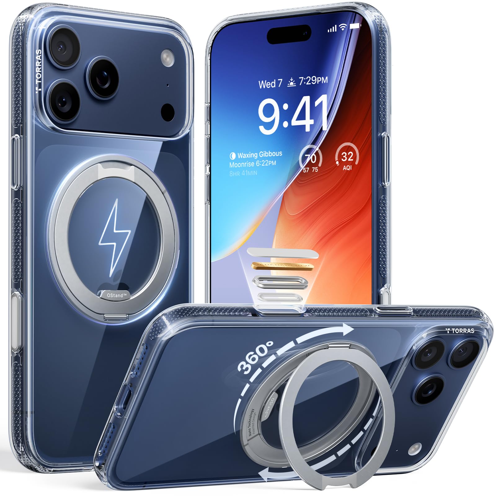 TORRAS 360 Magnetic Stand for iPhone 17 Pro Max Case, [Fit for MagSafe] [4X Military-Grade Protection] Slim Case for iPhone 17 Pro Max, 6.9", Translucent Deep Blue, Ostand O3 Fitness Series