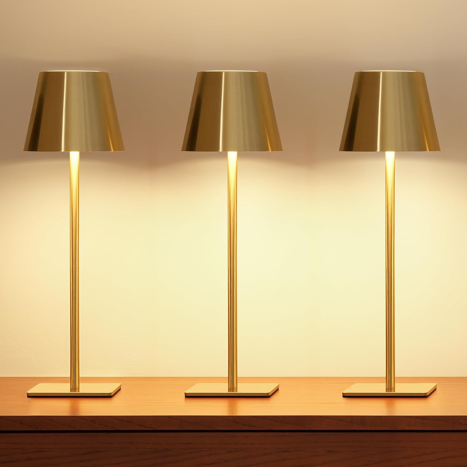 UME 3 Pack Cordless Table Lamp, Battery Operated Lamp - Portable Waterproof Rechargeable Table Lamp w/ 3 Color Temps & Stepless Dimming for Dinner, Desk, Cafe, Outdoor (Gold)