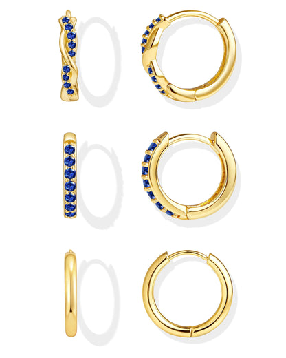 Inerney Gold Huggie Hoop Earrings Set for Women, Dainty Small Sterling Silver Earring Stacks Hypoallergenic Jewelry for Multiple Piercings, Trendy Twisted Cute Cartilage Hoops Birthstone Gift 3 Pairs