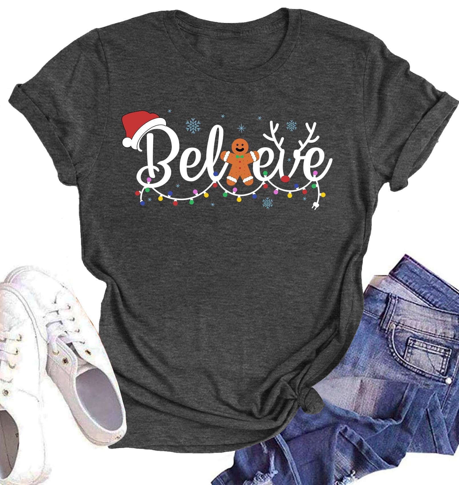 Believe Christmas Shirt for Women Christmas Tree Graphic T-Shirts Believe Letter Print Tees Holiday Tops