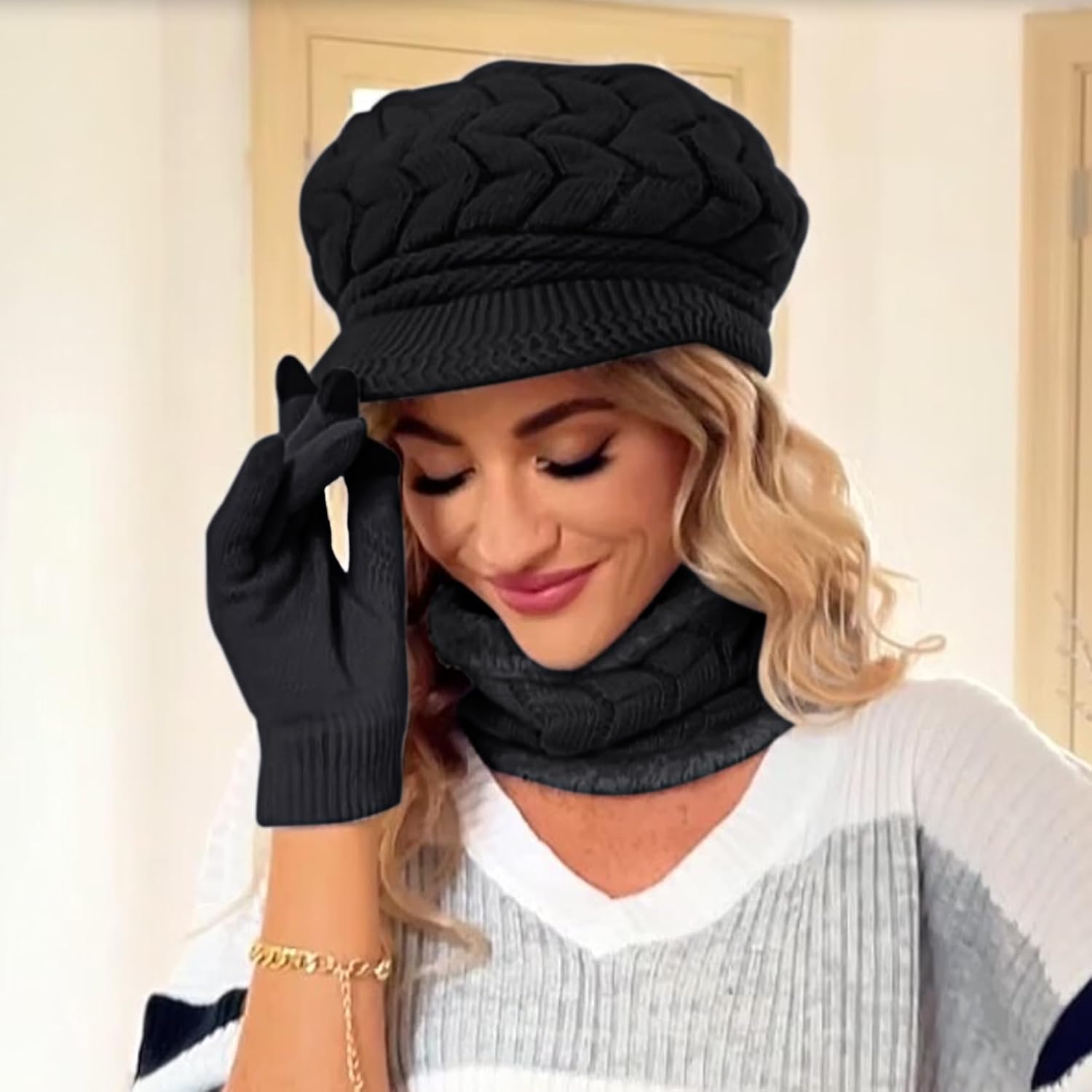 3-Pieces Winter Hat Gloves Scarf Set, Knit Warm Beanie Hat Neck Warmer Touch Screen Mittens for Women