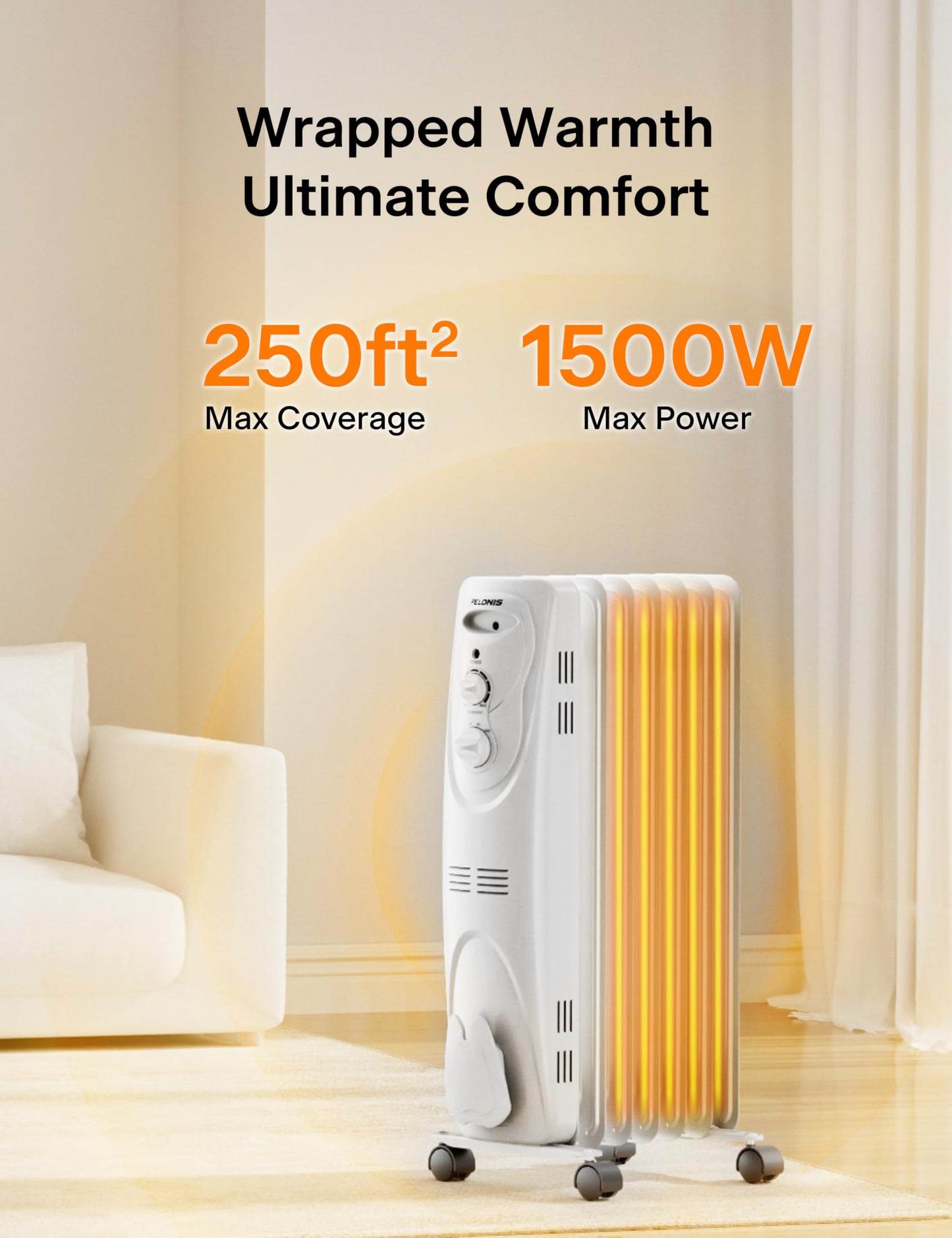 Pelonis Oil Filled Radiator Heater for Large Space, 2025 Upgraded, Space Heaters with 1500W Quiet Warmth Radiant Heater, 3 Heating Modes, Overheat & Tip-Over Protection, Adjustable Thermostat, Black