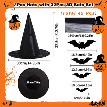 Witch Hat Decorations - 8PCS Black Hanging Witch Hats & 32PCS 3D Bats, Halloween Decor & Party Accessory for Indoor/Outdoor Use