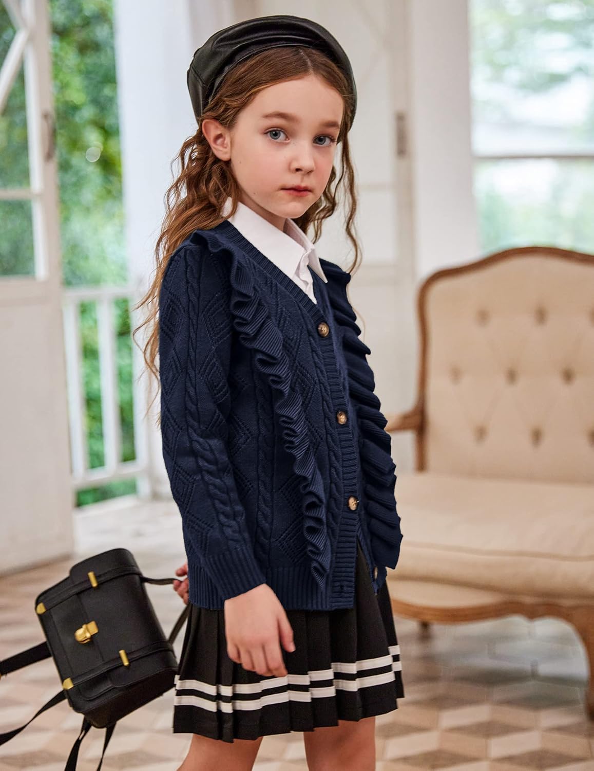 Arshiner Girls Cardigan Sweaters Ruffle School Uniform Sweater V Neck Button Front Outerwear 4-13 Years