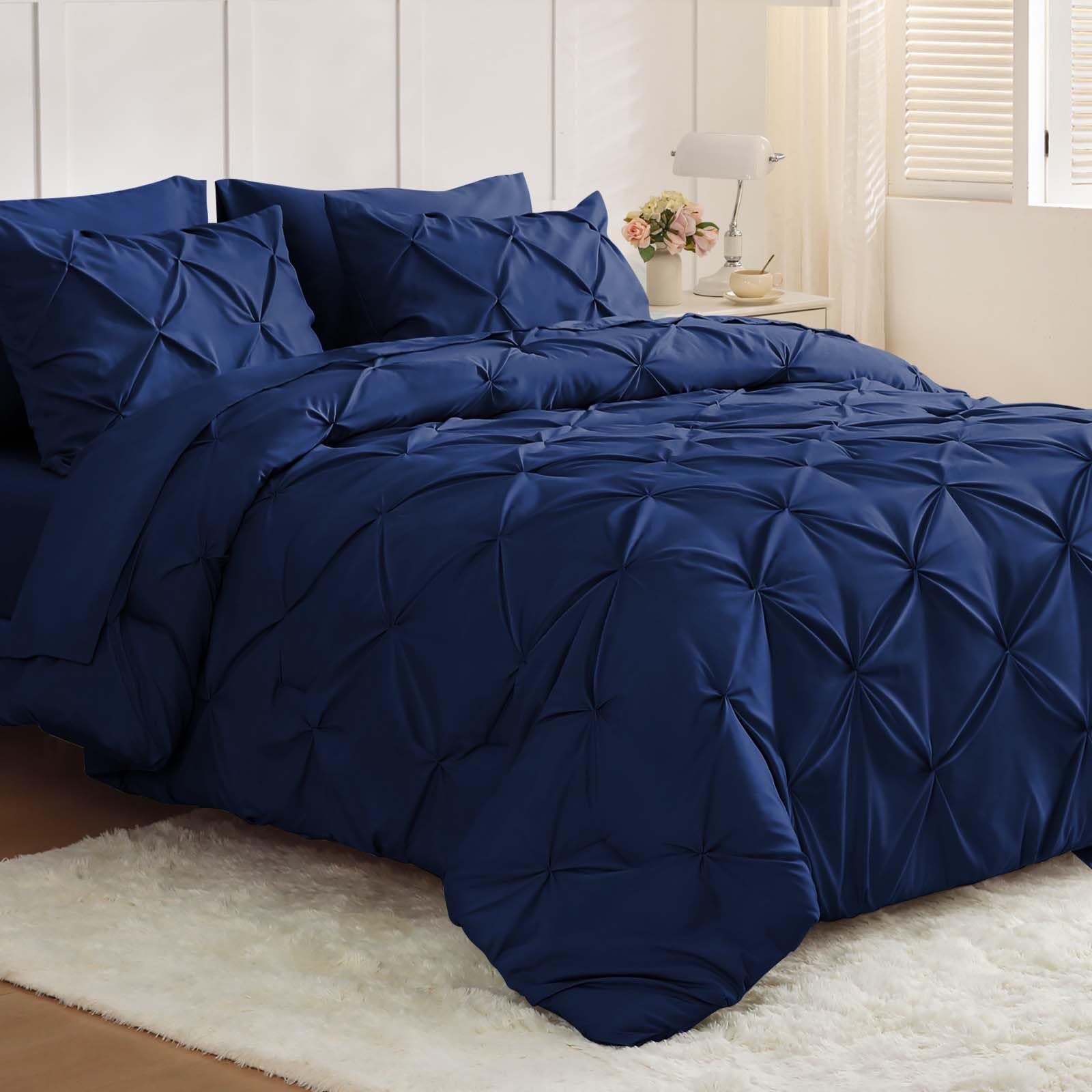 JOLLYVOGUE Queen Comforter Set 7 Pieces - Bed in a Bag Queen for All Season, Pintuck Bedding Comforter Sets with Comforter, Flat Sheet, Fitted Sheet and Pillowcases & Shams, Black