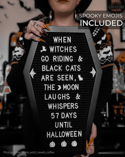 Coffin Letter Board Black +3D Bat Stickers +650 Characters, Spooky & Seasonal Emojis, Wooden Stand - 17x10.5 Inches - Coffin Shaped Goth Decor Sign Witchy Halloween Decorations Gothic Decor Birthday Wedding Home Spooky Gifts