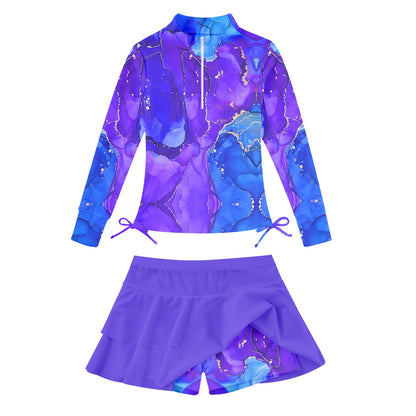 Vogseek 3-12T Girls Rash Guard 2 Pieces Bathing Suit Long Sleeve Swimsuit Swimming Skirt with Shorts Swimwear