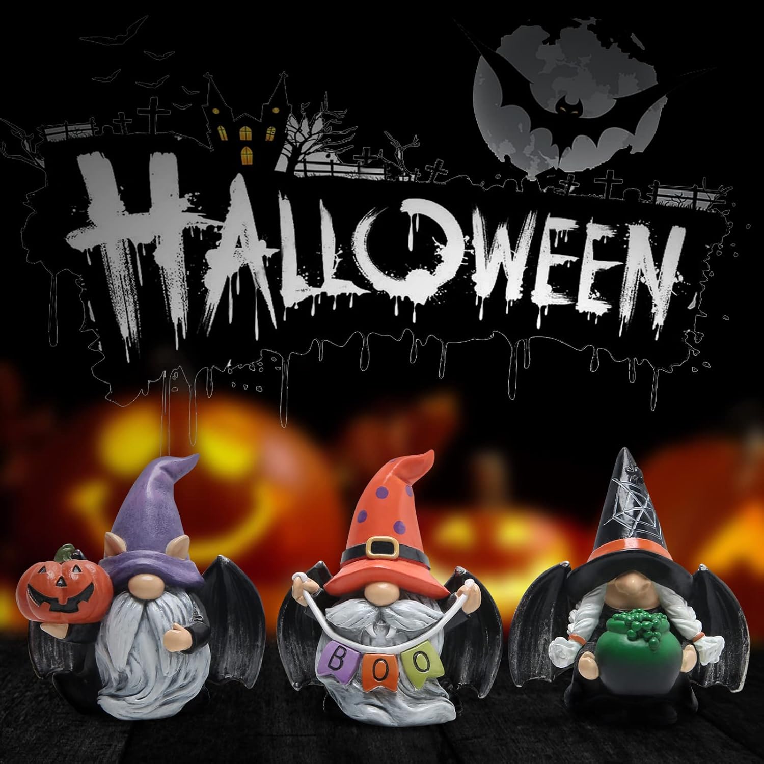 Hodao 3pcs Halloween Gnomes Decorations Handmade Scandinavian Gnome Figurines with Black Wing Boo Halloween Gnomes Figurines Decor Pumpkin Office Table Decorations Gifts
