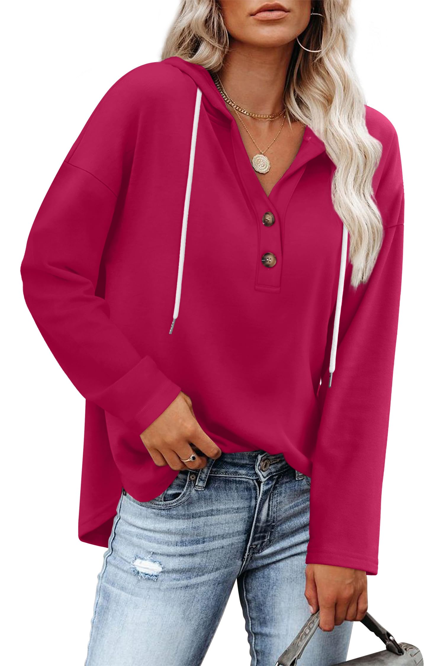 RUMIA Womens Tops V Neck Button Sweatshirt for Women Pullover Long SLeeve Shirts Fall Outfits 2025 Loose Fit S-3XL