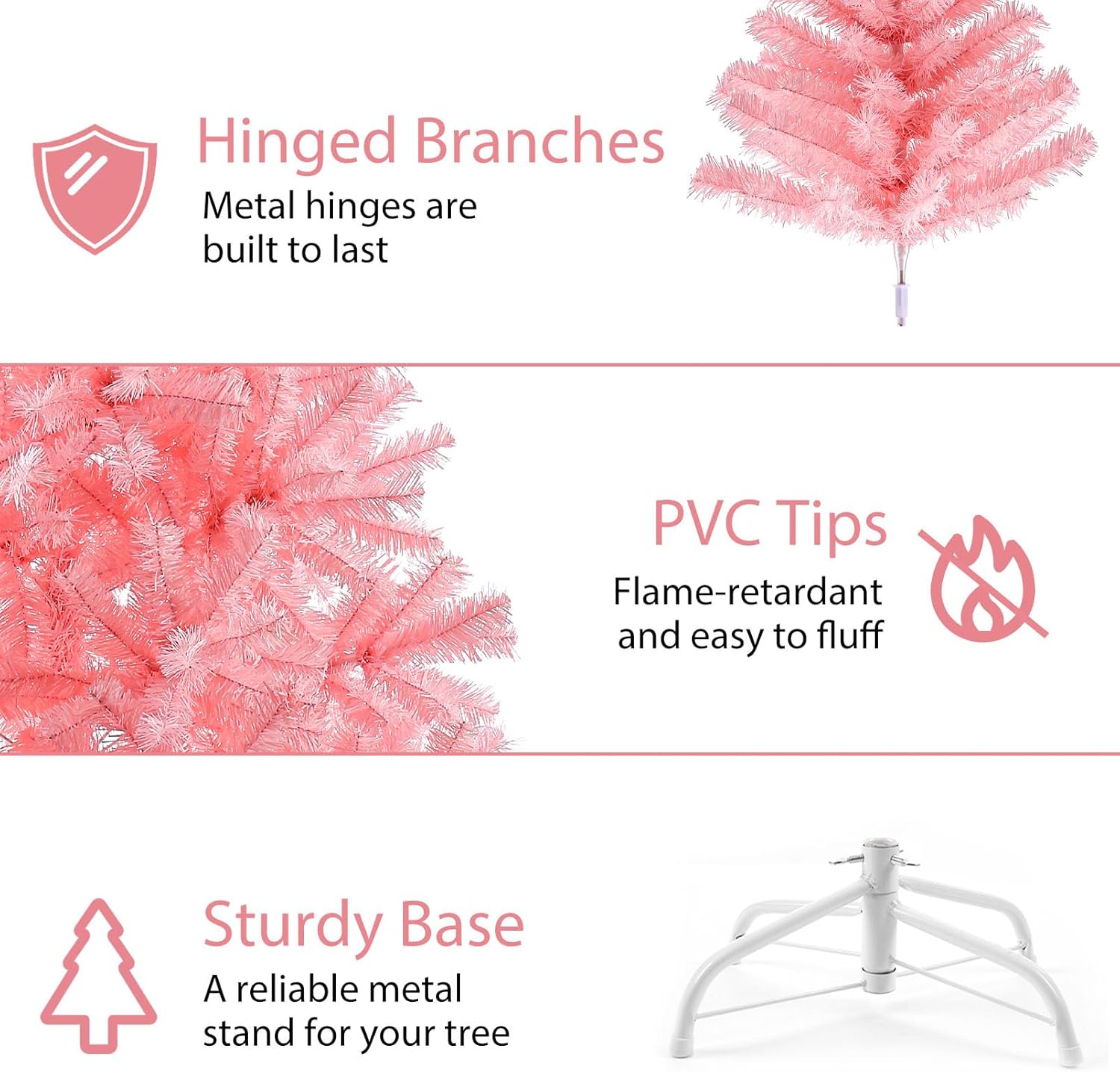 6ft Pink Artificial Christmas Tree,Hinged Full Tree with 700 Branch Tips and Metal Stand Easy Assembly Xmas Tree for Indoor and Outdoor Decoration