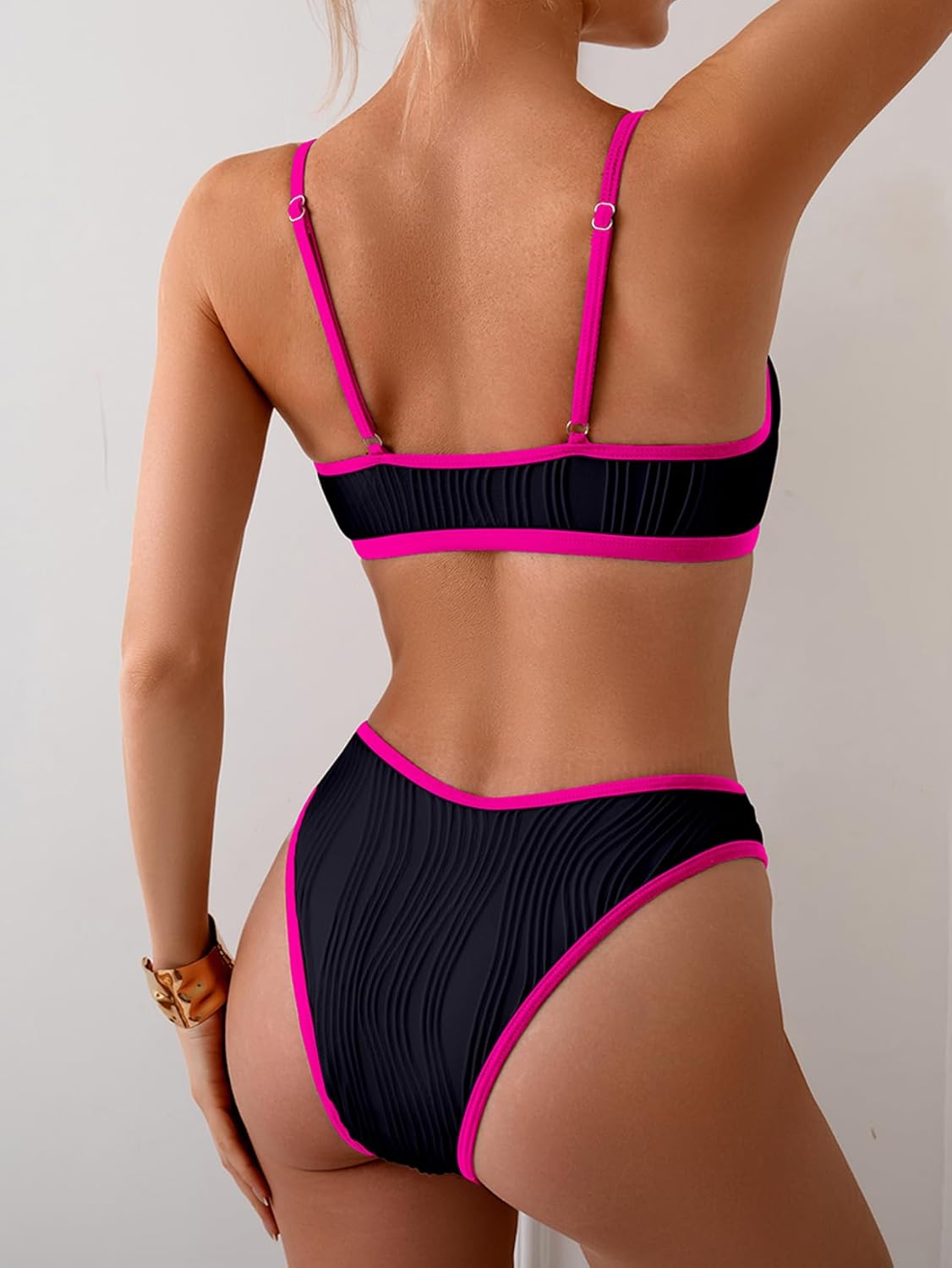 Limeeke Women Ribbed Bikini Sets Sexy Cutout Color Block Two Piece Swimsuits Scoop Neck High Cut Cheeky Bathing Suit