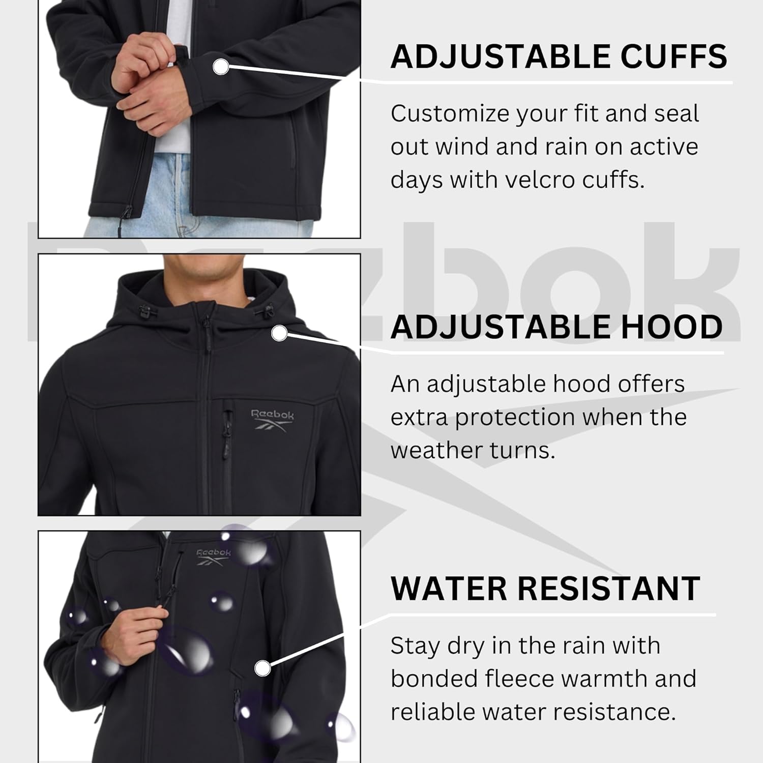 Reebok Waterproof Soft Shell Rain Jacket Men - Rain Coat, Softshell Windbreaker with Hood