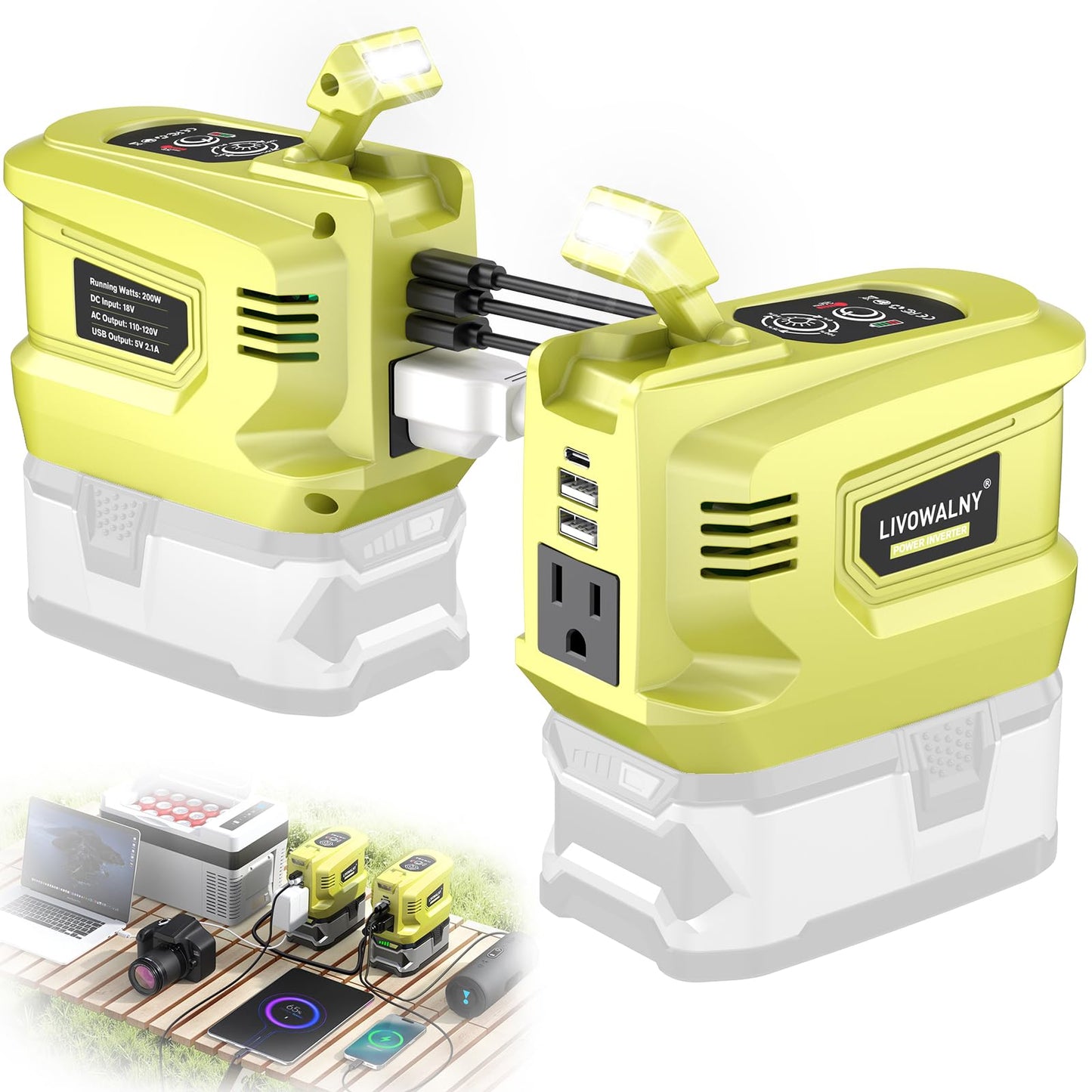 Real 200W Power Inverter Compatible With Dewalt, DC 20V to AC 110-120V Battery Inverter, LIVOWALNY Portable Power Station Generator, Charger Adapter Battery Powered with 2 USB & 1 Type-C & 1 AC Outlet